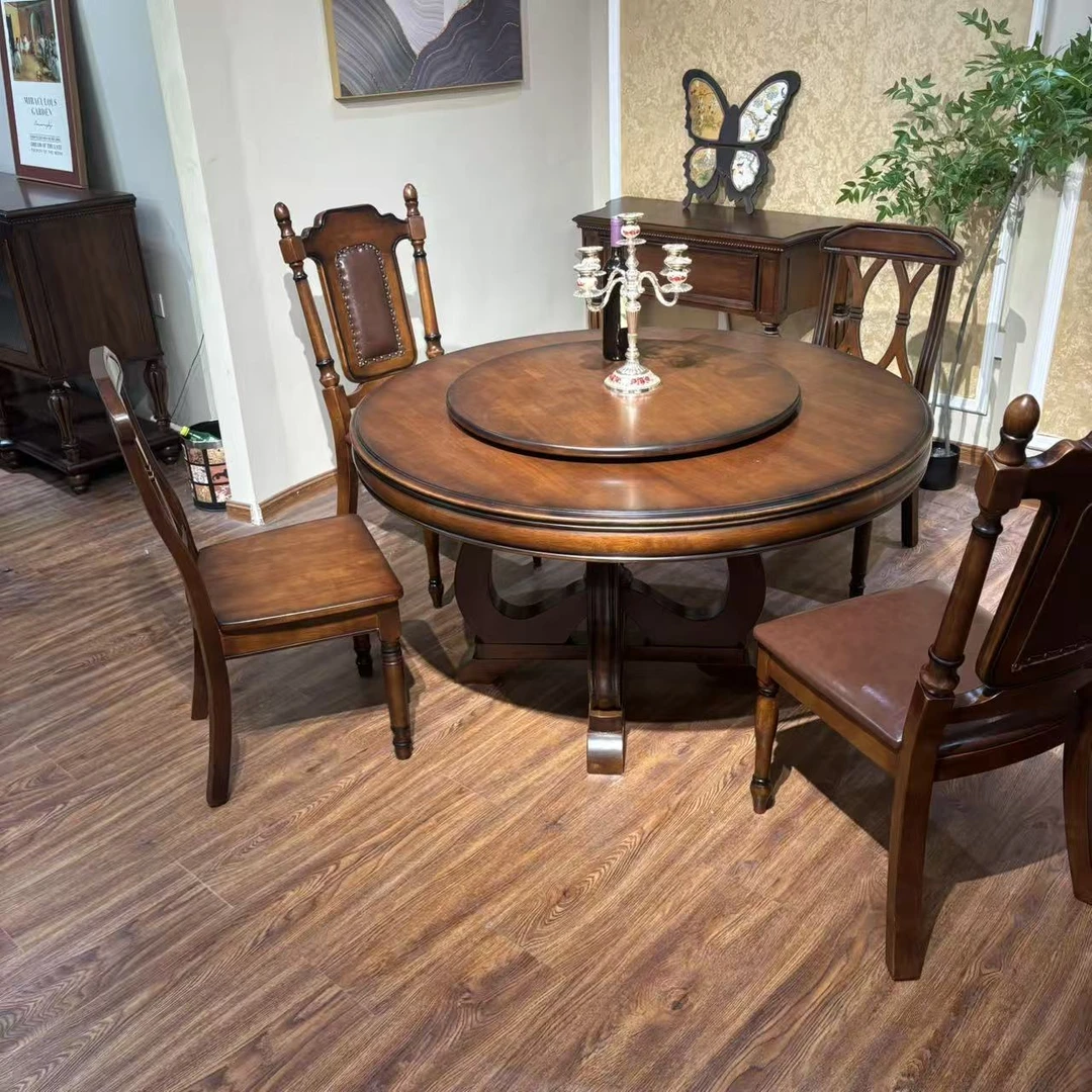 圆餐桌美式欧式圆桌转盘餐椅一桌六椅