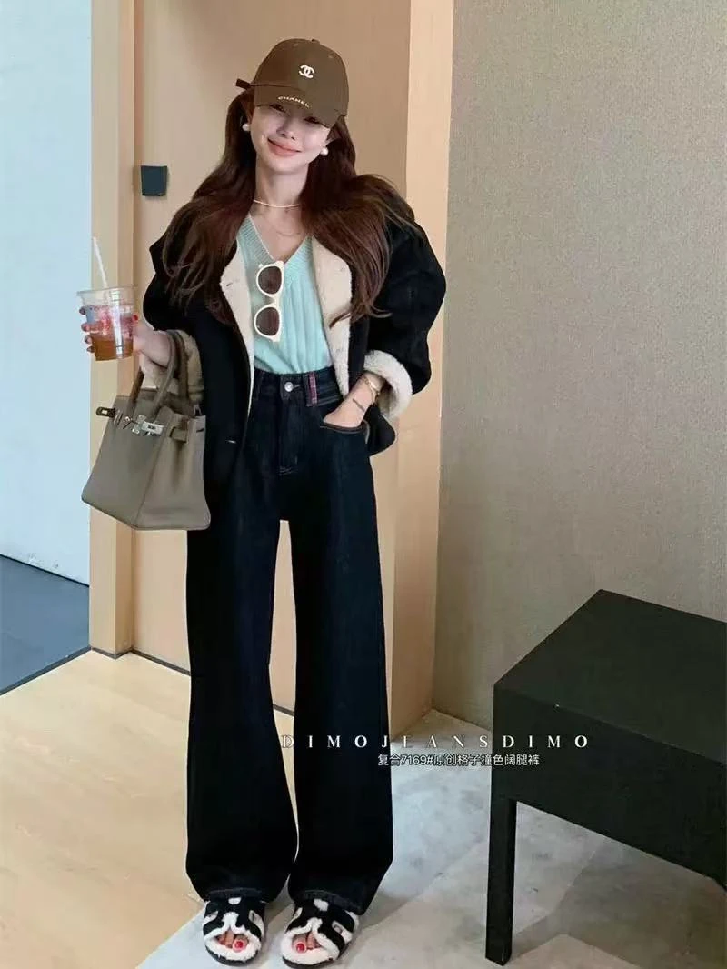 【7169】DIMO【植绒】无弹直筒阔腿拖地裤格子皮牌