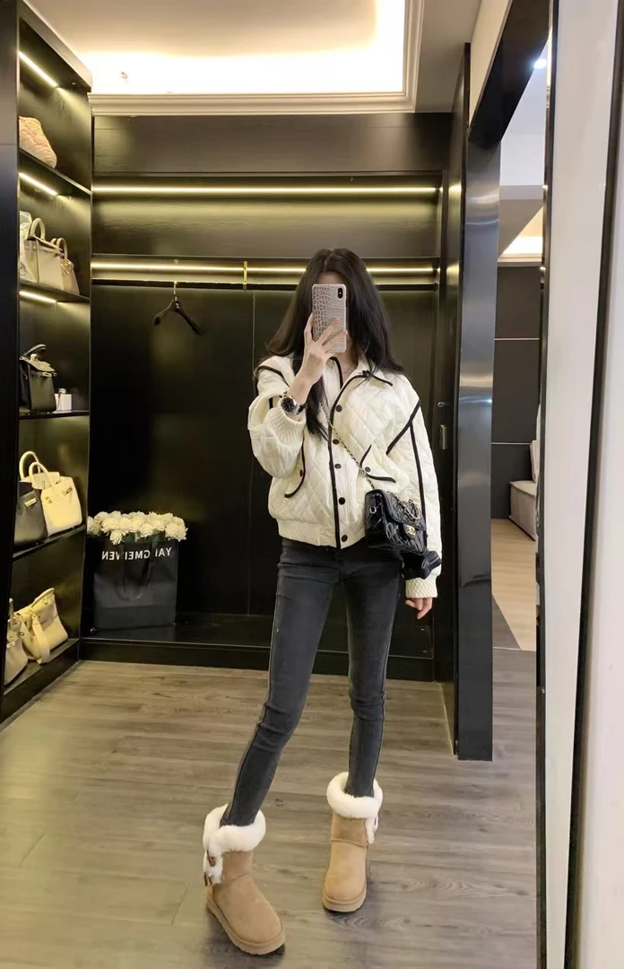 2025秋冬新款韩系高级感菱格走线撞色包边棉服外套直筒裤两件套