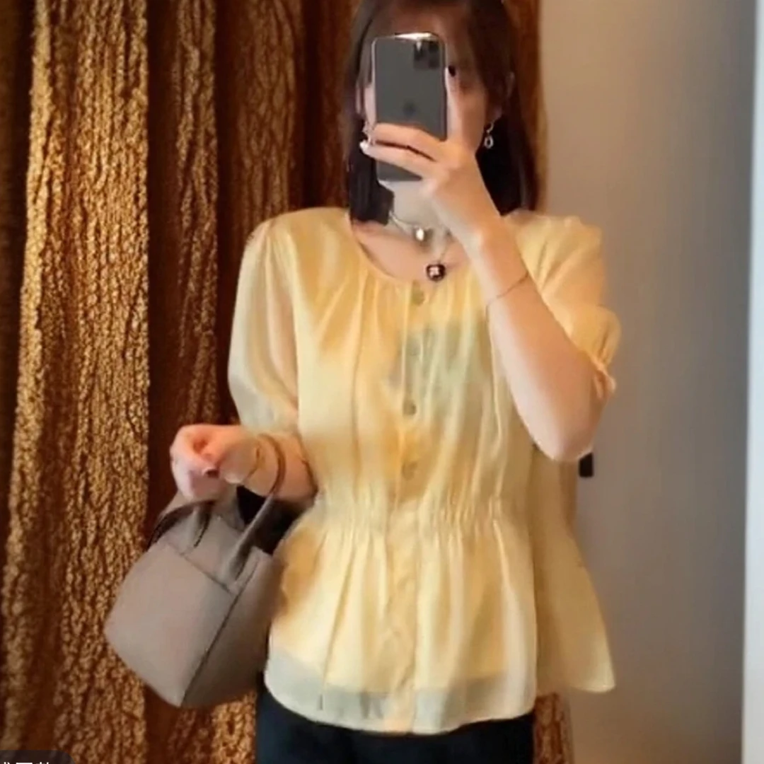 9093#【衣长55】法式短袖衬衫夏季新款甜美遮肉时尚显瘦上衣