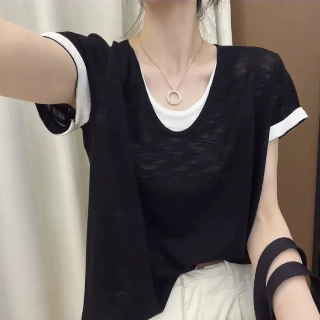 冰感insv领T恤洋气假两件T女薄款夏季宽松透气棉衣服百搭上衣显瘦