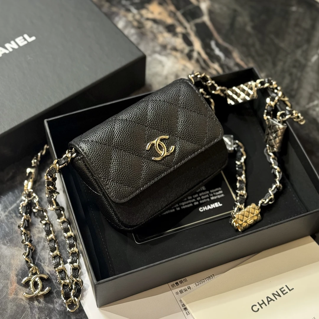 99新 Chanel/香奈儿  21K限定黑金荔枝纹双链腰包/胸包