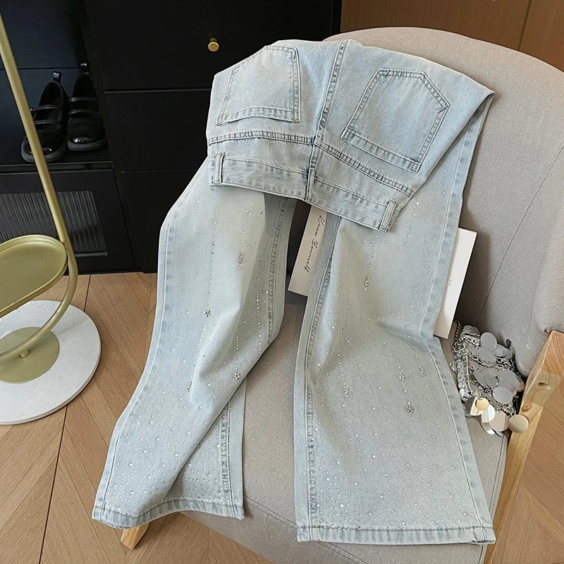 浅蓝色闪亮重工烫钻高腰直筒显瘦休闲百搭窄版阔腿牛仔长裤女