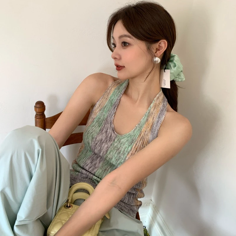 夏日多巴胺法式甜辣针织吊带挂脖上衣女S1076