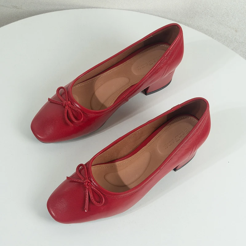 软羊皮红色芭蕾鞋赫本风温柔蝴蝶结瓢鞋女真皮玛丽珍中跟粗跟单鞋