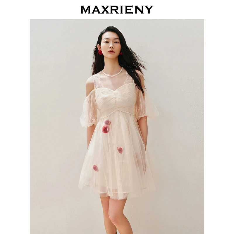 （丫头4）【商场同款】露肩收腰甜美立体花连衣裙2025夏高级气质感