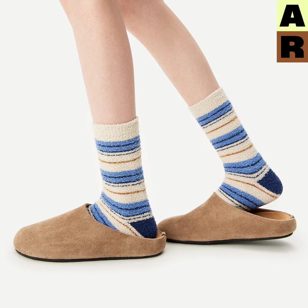 AR半边绒条纹中筒袜秋冬毛绒地板袜2025新款加厚堆堆袜子情侣同款