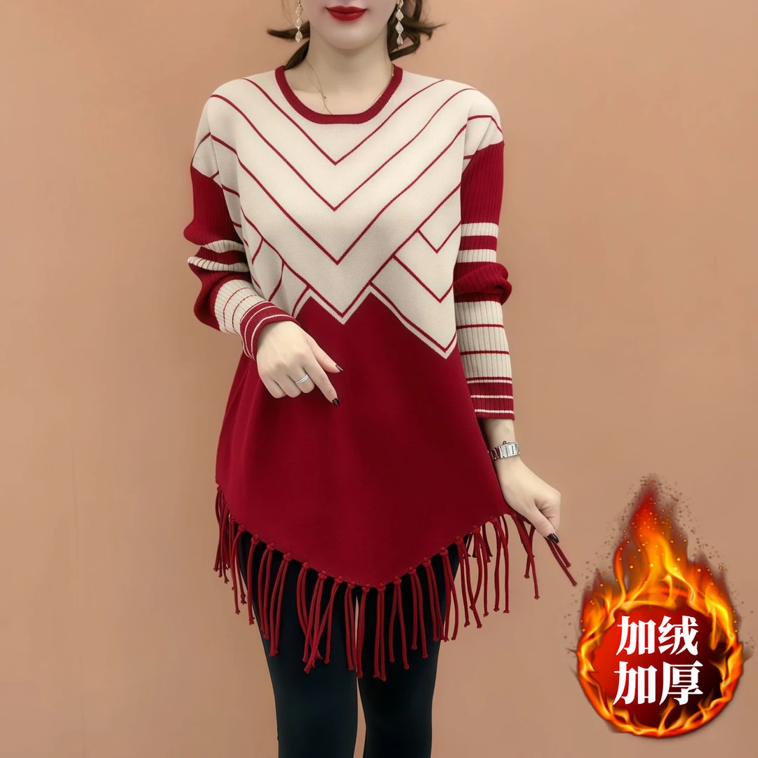 中长款中老年女装加绒加厚上衣流苏宽松红色韩版保暖洋气打底衫潮