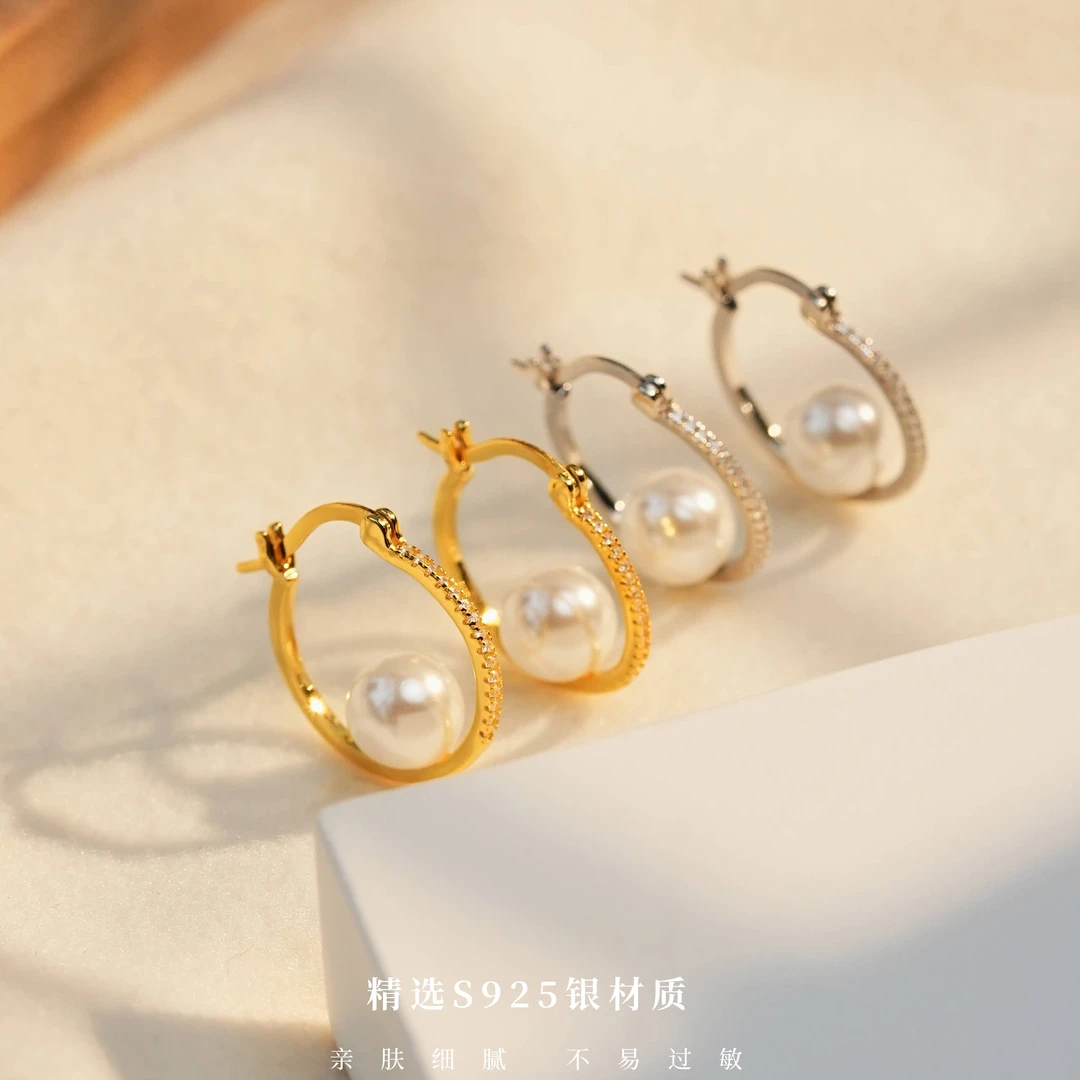 丽沁 925银耳饰 月牙锆石耳扣饰品百搭法式设计感精致优雅经典