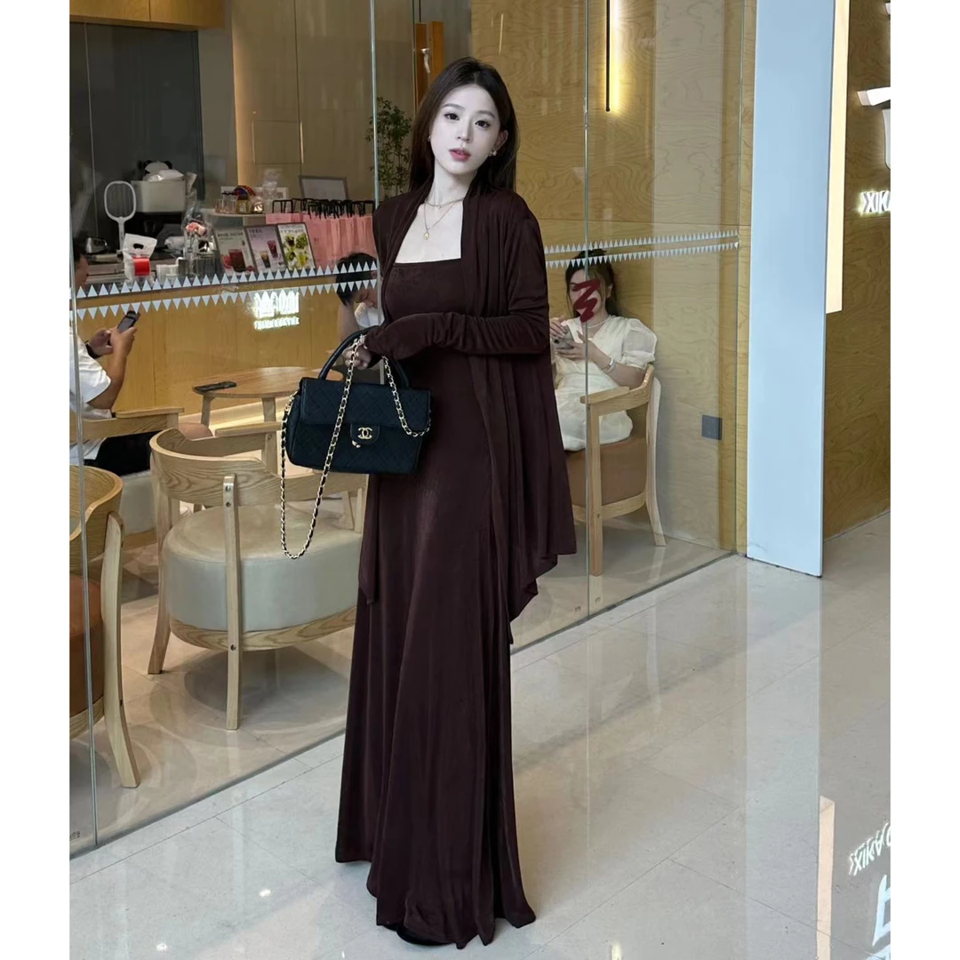 【雯雯】春夏两件套双肩吊带连衣裙宽松露肩冰丝气质薄款-230653