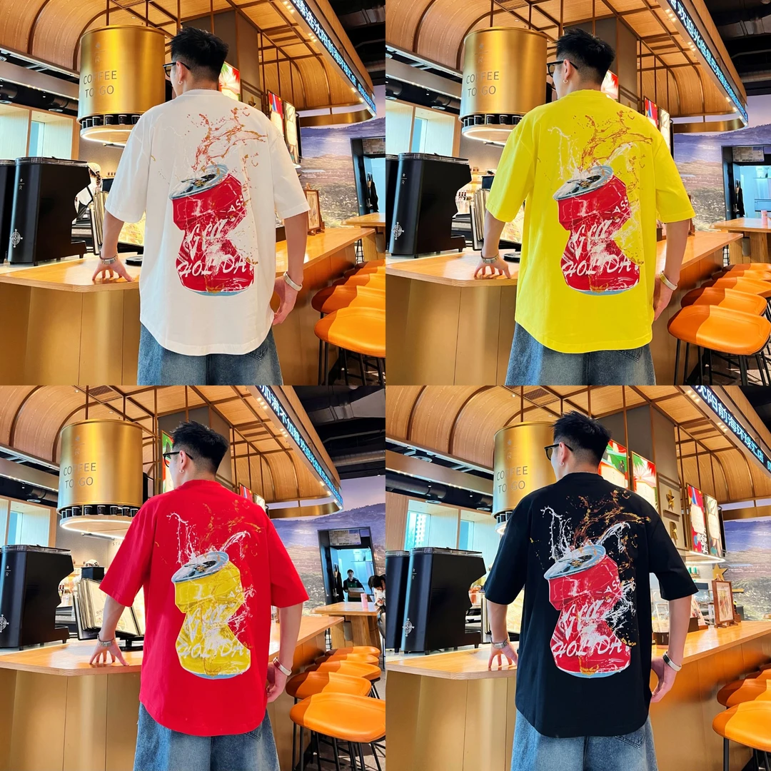 美式潮流时尚撞色3D打印设计情侣穿搭纯棉做旧破洞圆领短袖T恤