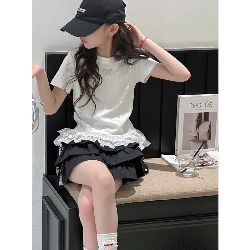 K28709蕾丝边女童短袖T恤2025新款夏装儿童修身上衣洋气半袖t时尚