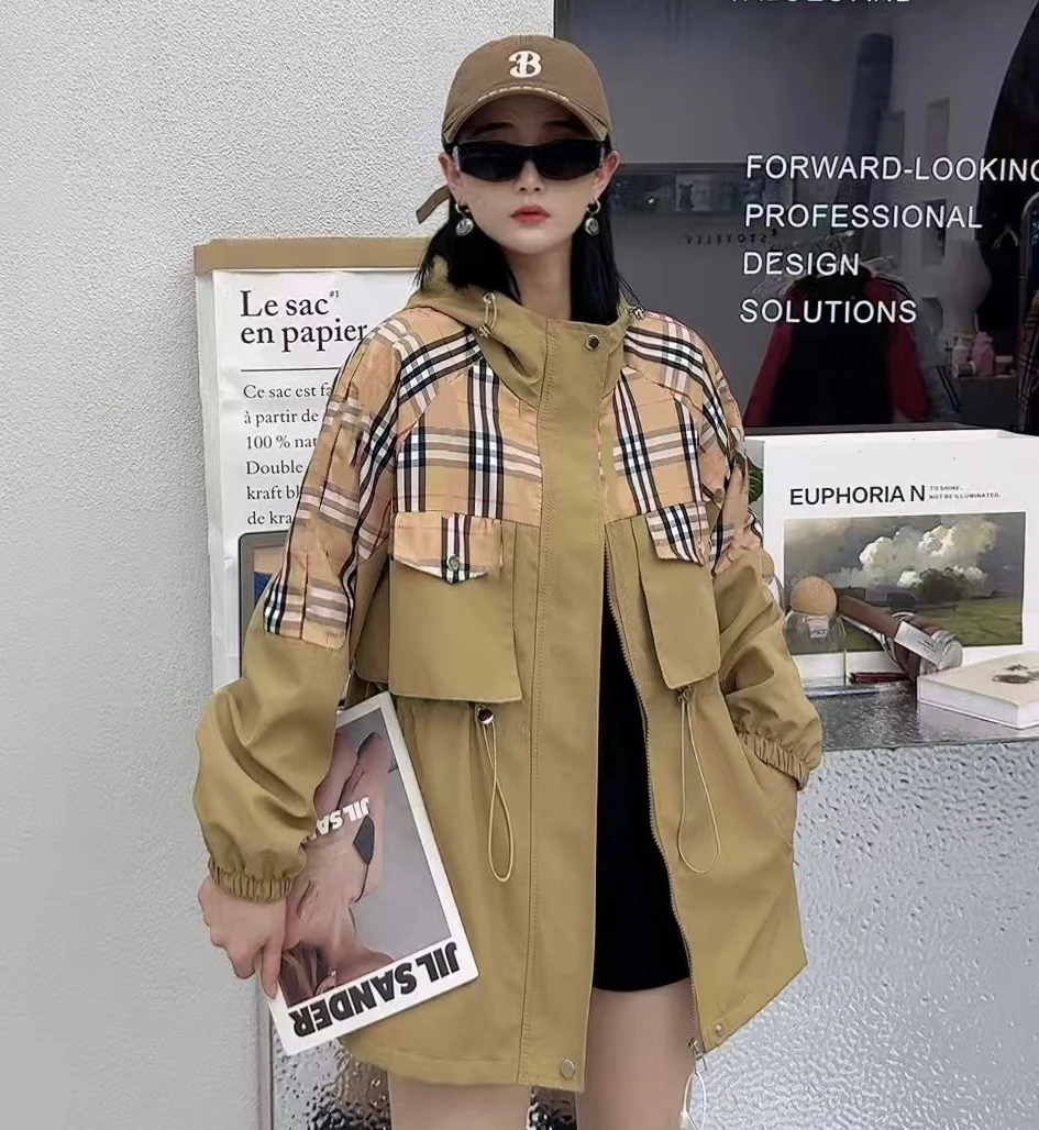 【久久专属】Y986英伦风格轻奢时尚格子外套风衣连帽百搭上衣外套女