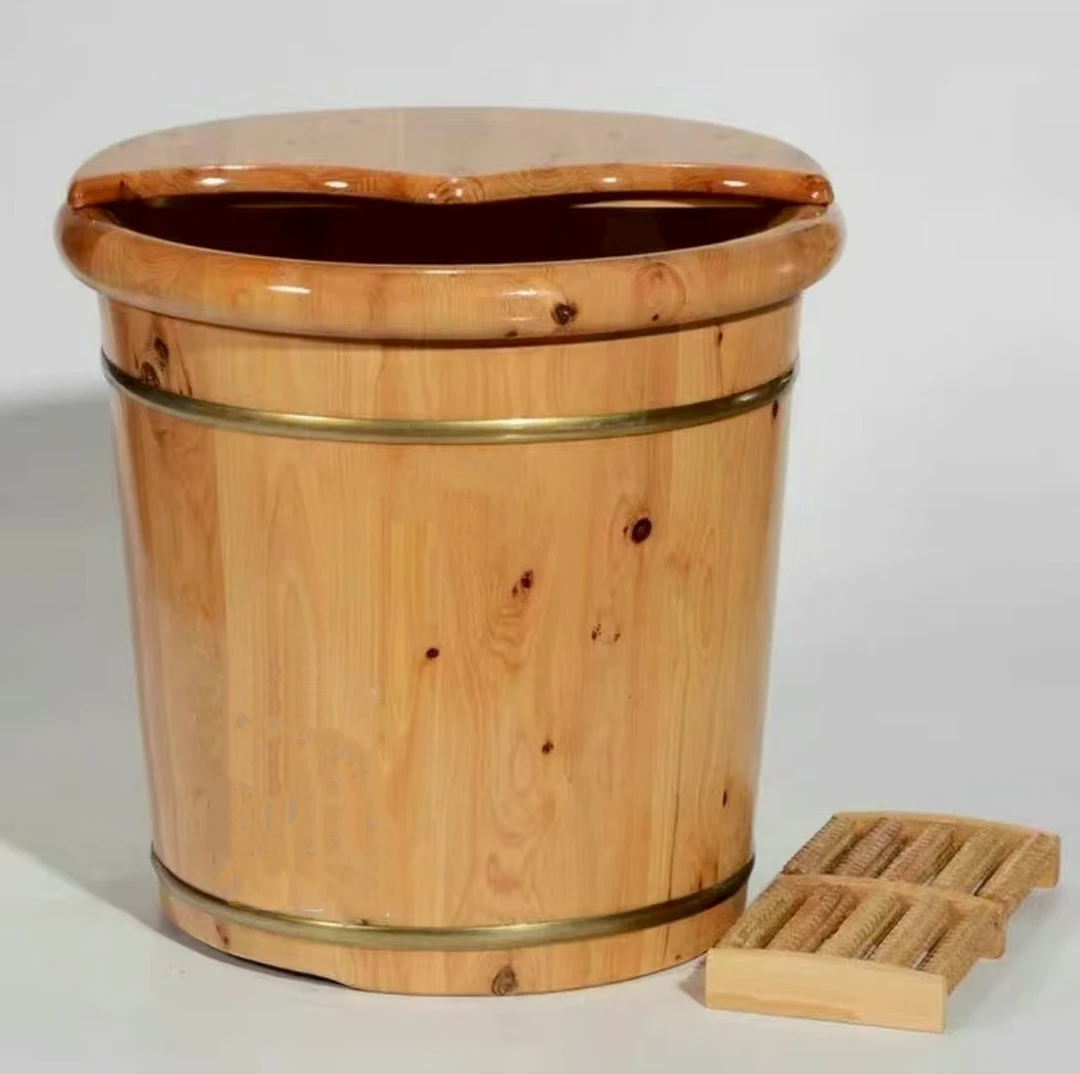 香柏木加厚实木泡脚桶泡脚盆带盖足浴盆加高足浴桶高深桶家用店用