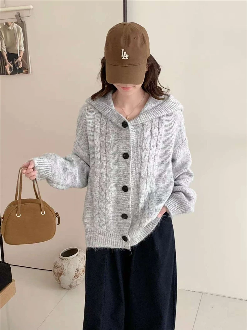 灰色连帽毛衣外套女2025新款早秋季小个子慵懒高级感针织开衫上衣