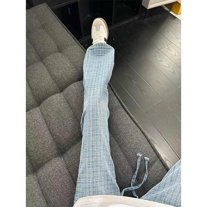 蓝色格子抽绳牛仔裤男秋季痞帅高级感裤子韩风高街潮牌阔腿直筒裤