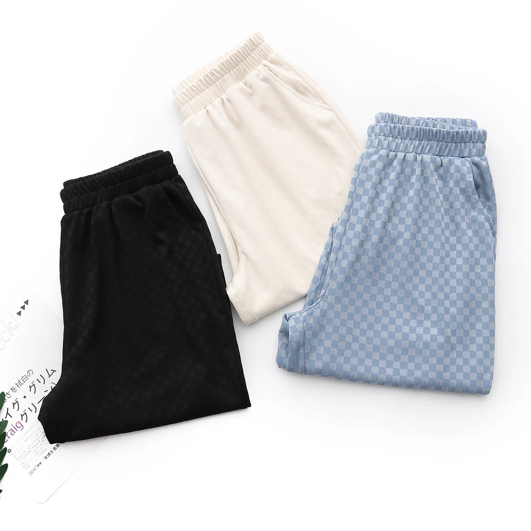 OS2306棋盘格提花夏季冰丝休闲裤大码女装透气格纹哈伦裤显瘦百搭