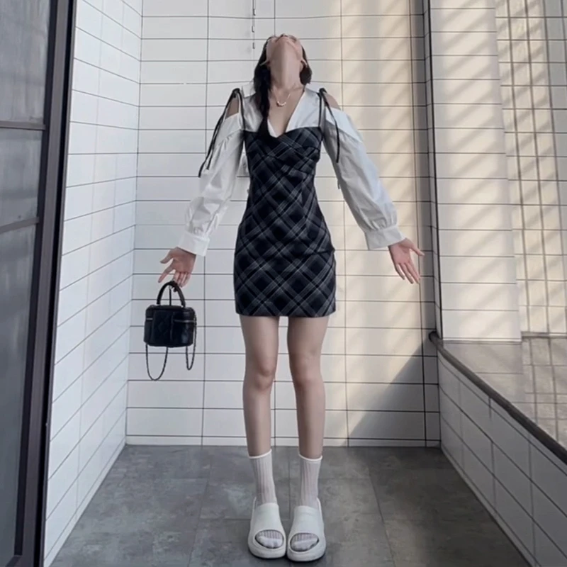 5071法式假两件格纹连衣裙子女2025新款穿搭v领露肩包臀短裙
