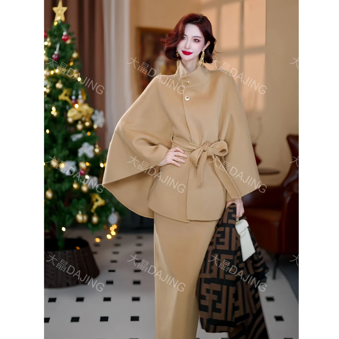 【大晶定制】冬季新款[百分百绵羊毛]气质毛呢卡其色宽袖两件套套装