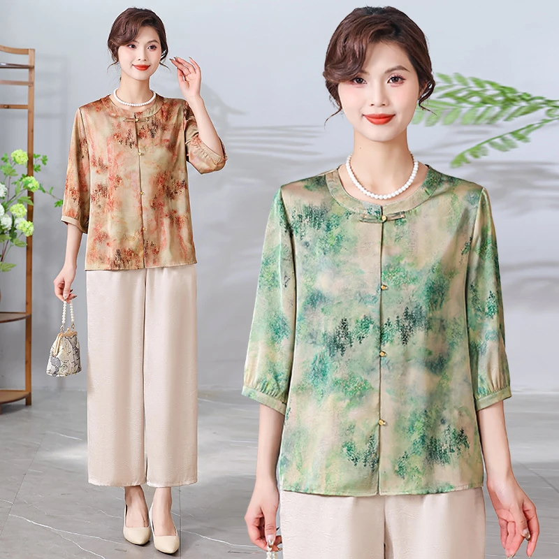 纽扣常规新中风立领60岁女装洋气印花雪纺衫休闲凉感25新款