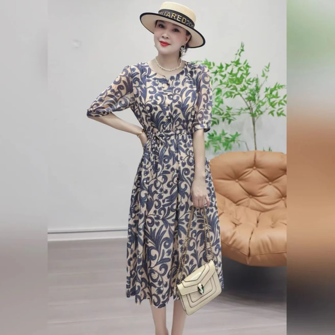 12夏季半袖连衣裙时尚气质宽松遮肉腰带收腰显瘦青花瓷中长款女裙