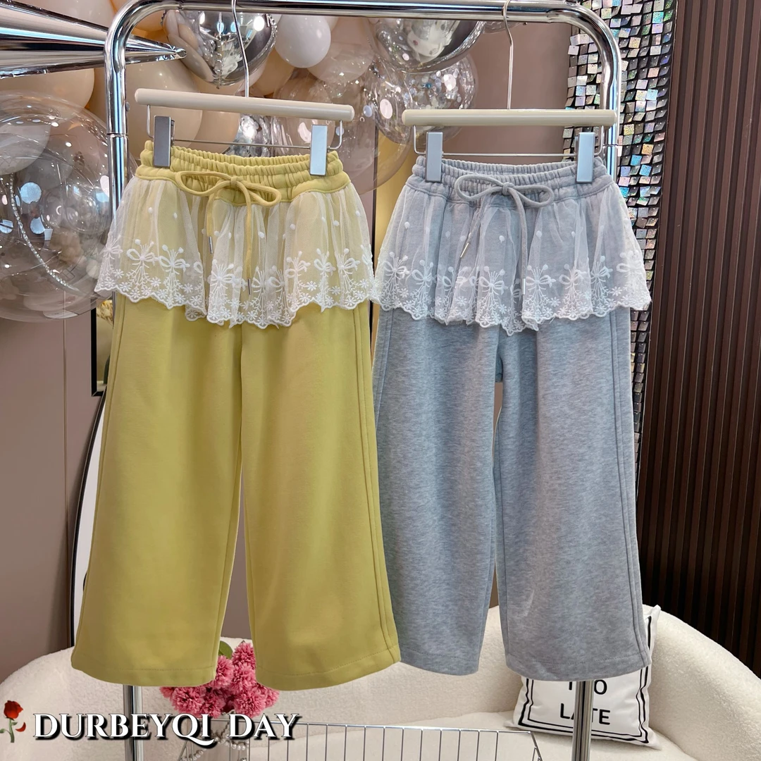 DURBEYQI/朵贝奇女童2025春款韩版松紧腰蕾花纯色卫裤5139