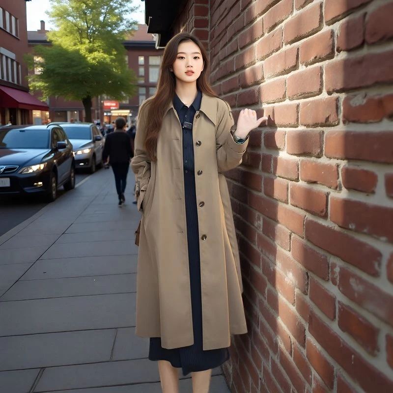 简约大气经典单排扣英伦风长款气质春秋时尚休闲宽松风衣女外套