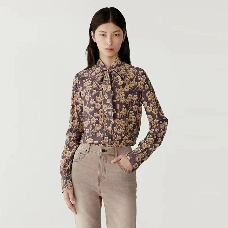 【小禾订单】25春季新款真丝色丁印花长袖系带显瘦花式上衣衬Q5535