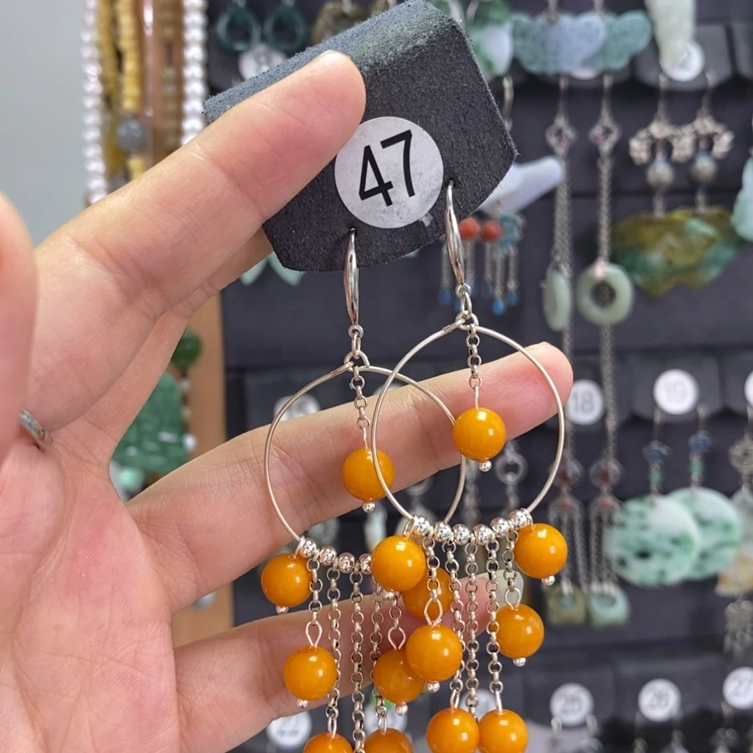 西***呀银S925镶嵌蜜蜡耳饰X30