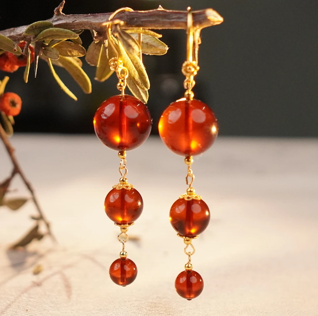 【景轩珠宝】14+9+7+缅甸天然血珀耳环步步高升款气质MLQ3A067