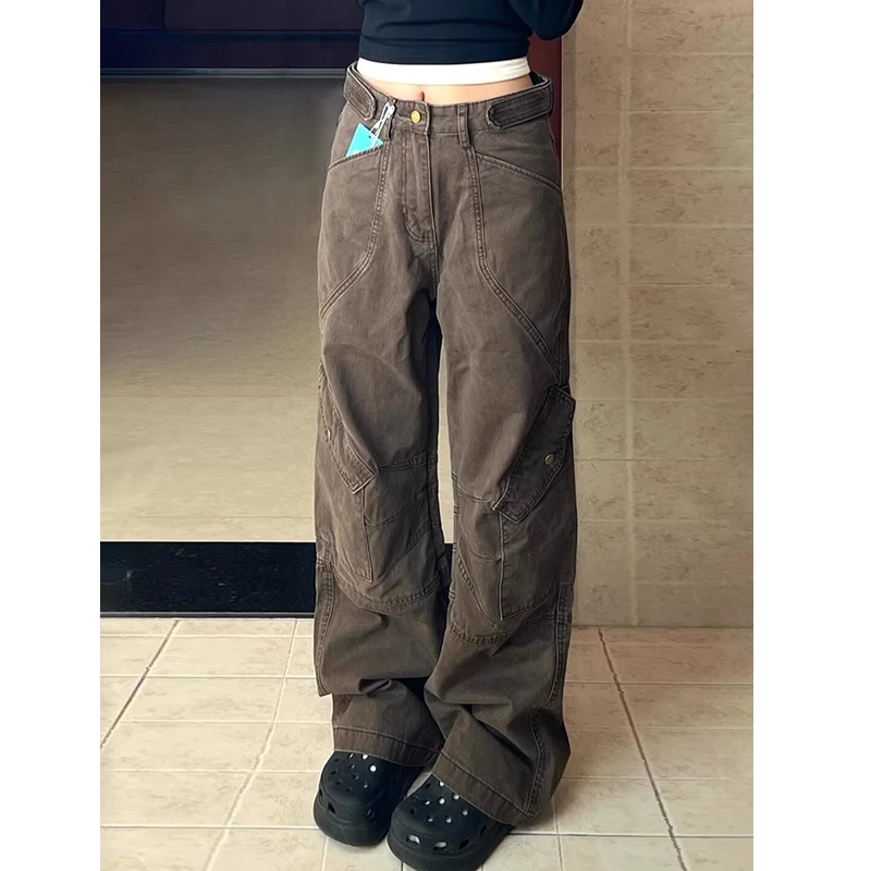 咖棕色美式复古工装裤男款设计感解构拼接裤子直筒宽松阔腿微喇裤