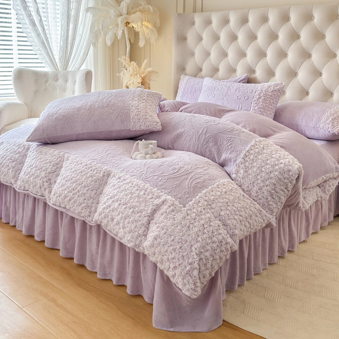 法式加厚雕花牛奶绒四件套花边床盖公主风双面绒加绒被套被罩床单