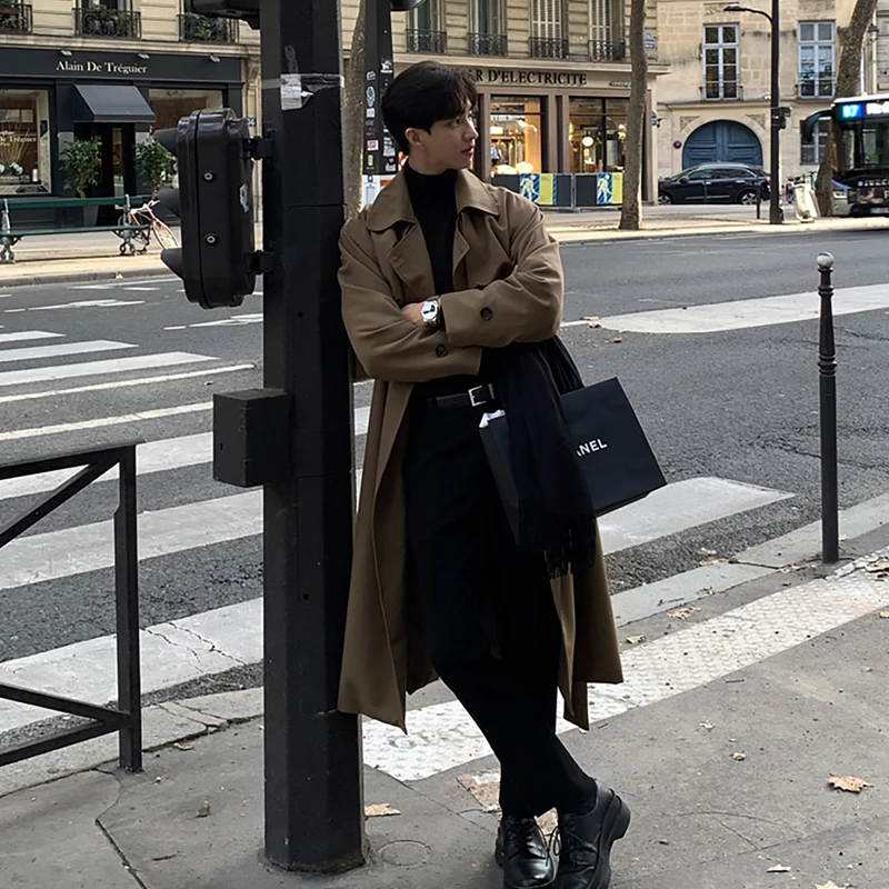 ascloqiao春新款韩版潮流百搭长款外套宽松休闲简约长款风衣潮