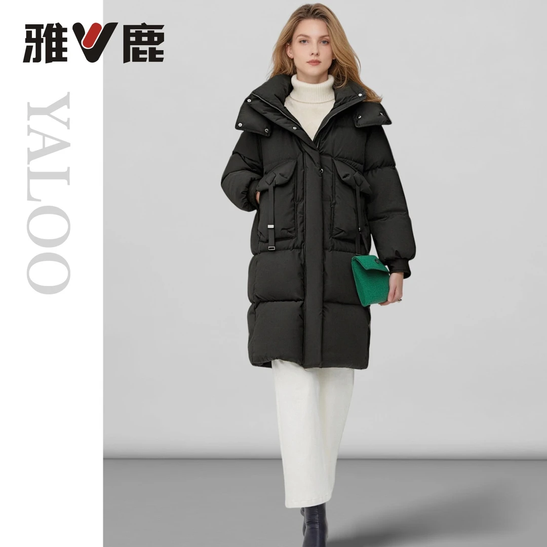 雅鹿新款秋冬季加厚时尚女款黑色显瘦连帽保暖中长款羽绒服