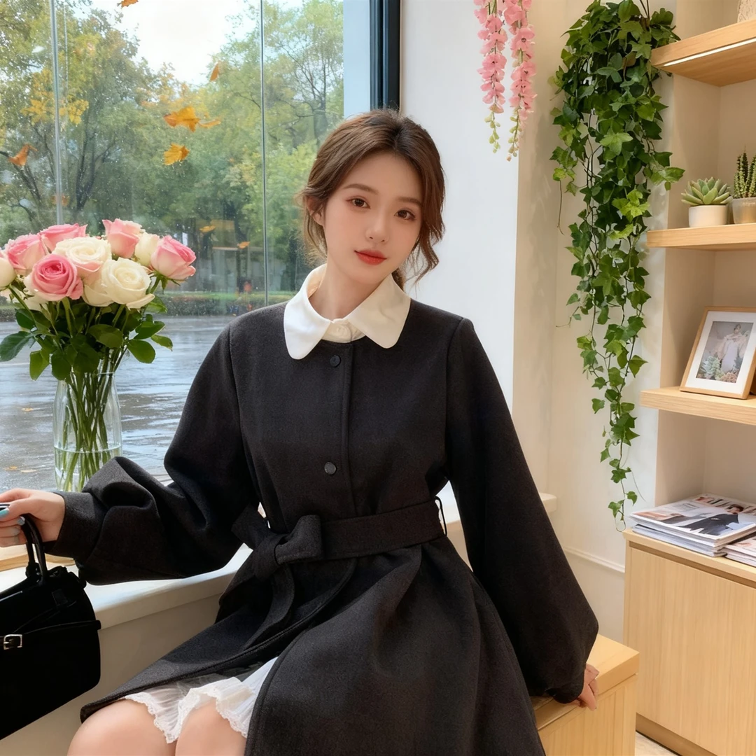 【有运补】秋冬夹棉加厚毛呢外套女小个子大码宽松系带灯笼袖风衣裙