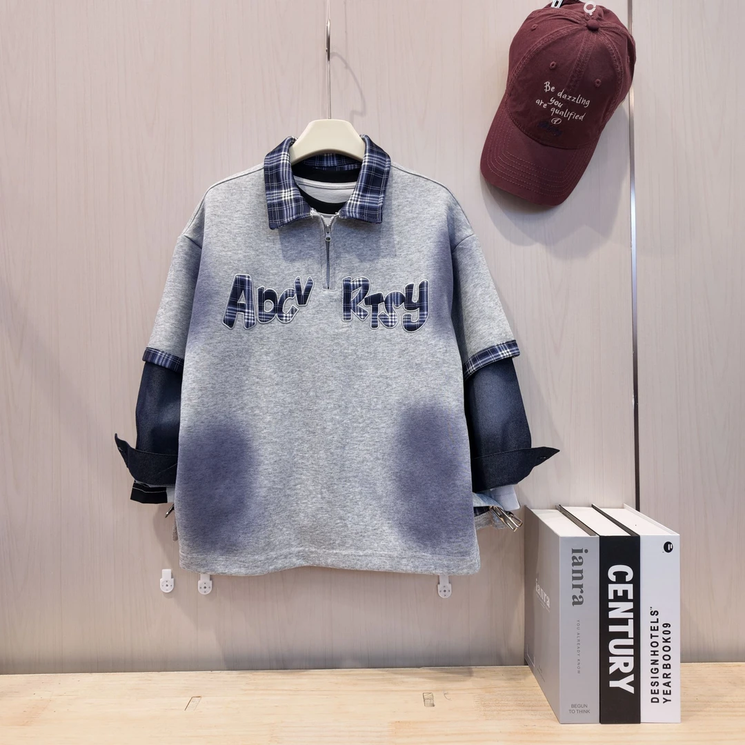 【小哥童装】秋季新品上新浅灰假两件卫衣男童时尚休闲百搭穿搭6613