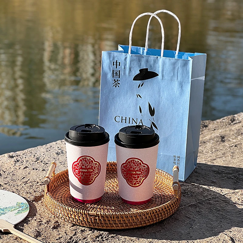 网红国风深压纹杯套奶茶杯一次性纸杯子咖啡杯热饮外带带盖商用