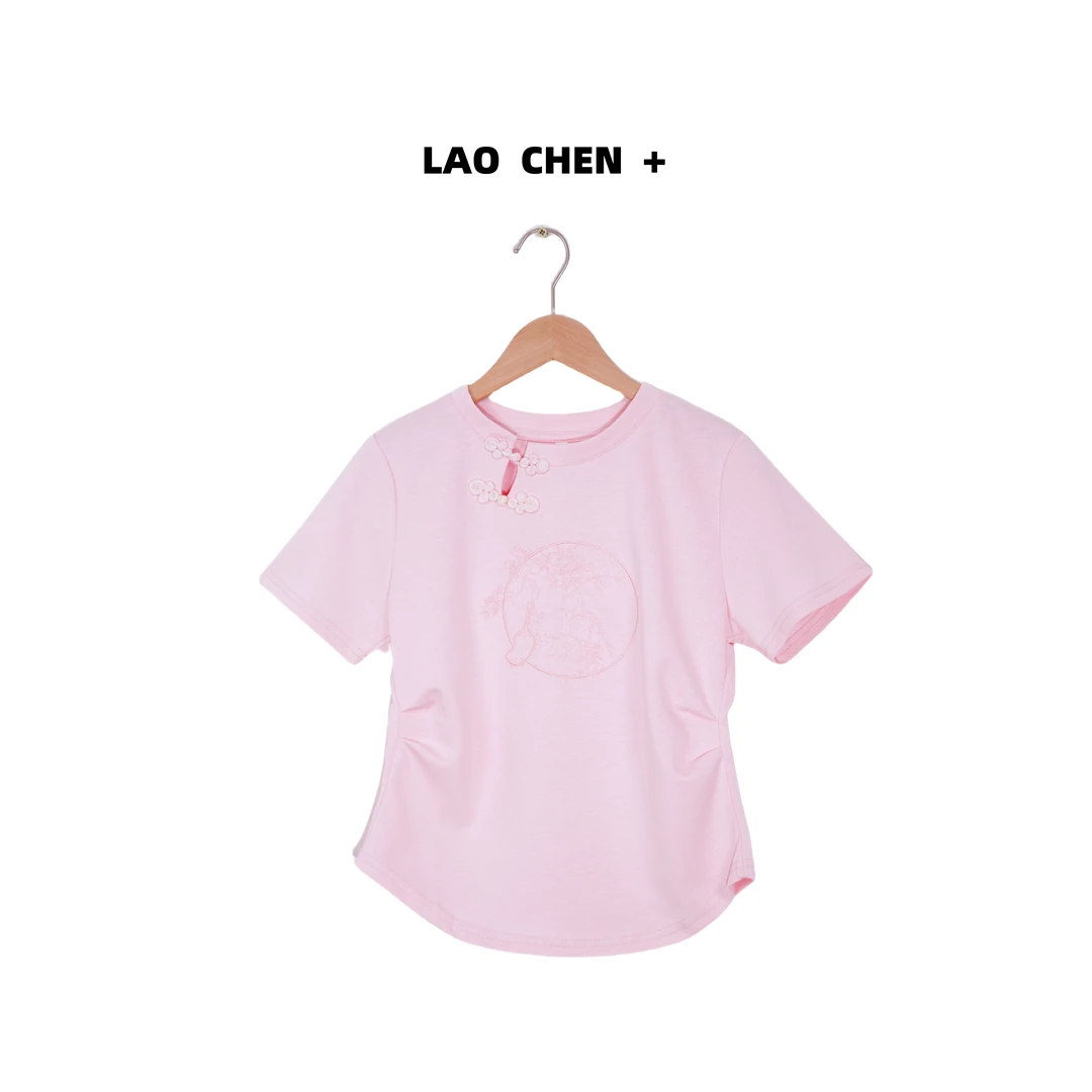 LAO CHEN+新中式刺绣短袖女t恤夏2025新款设计感小众国风盘扣修身