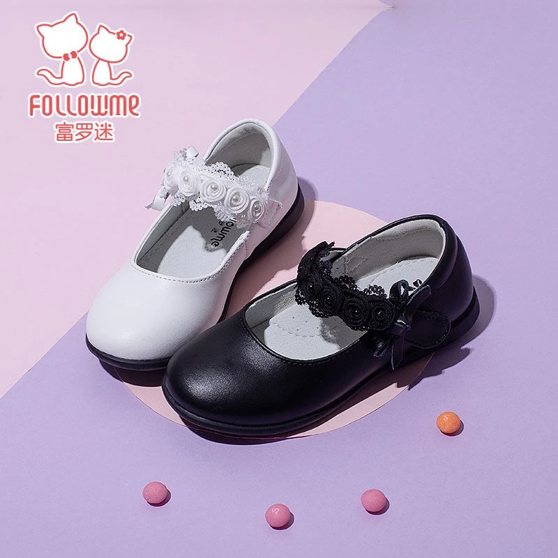 富罗迷女童皮鞋春秋季新款学生黑皮鞋甜美花朵百搭单鞋FLM045
