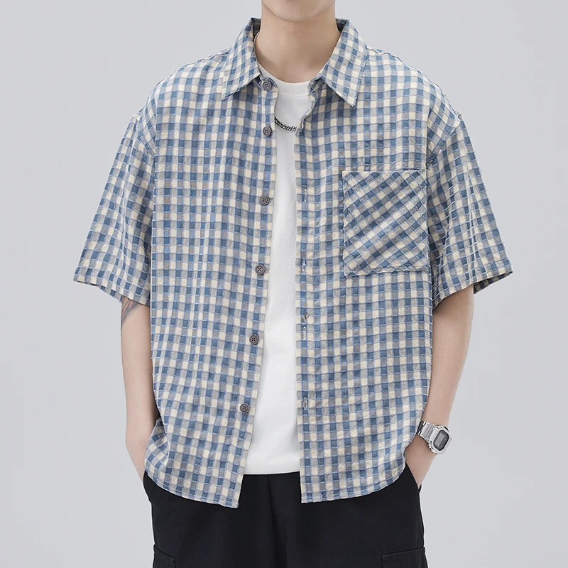 夏季短袖衬衫男2025新款宽松休闲格子衬衣男薄款百搭翻领半袖夏天