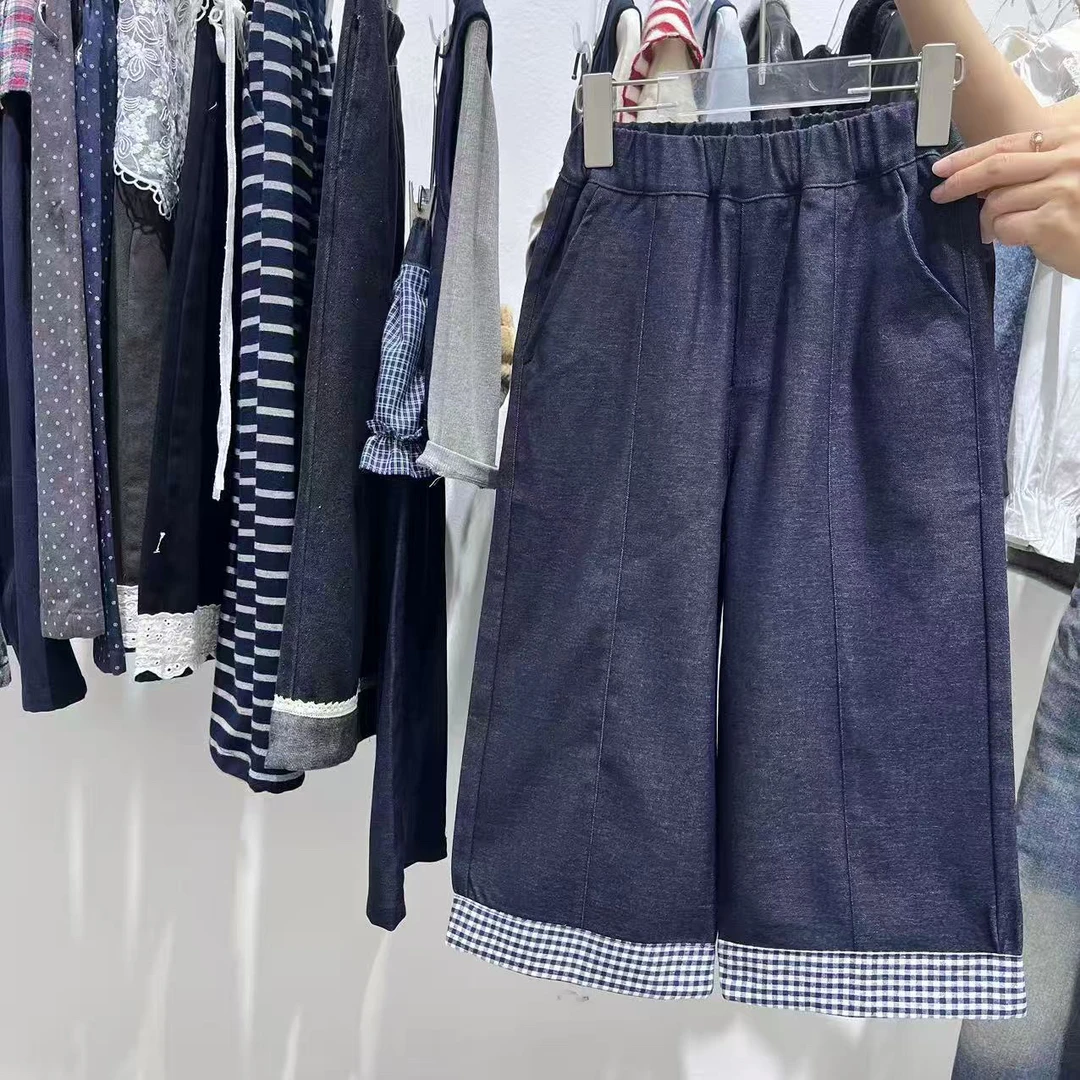 女童2025秋季新款水洗软牛仔直筒裤格子裤脚时尚