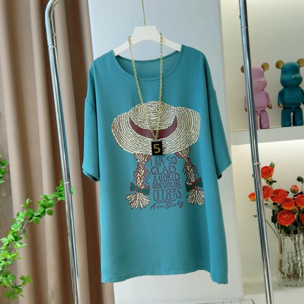 1873圆领草帽印花短袖上衣夏季宽松大版显瘦中长款减龄休闲上衣女