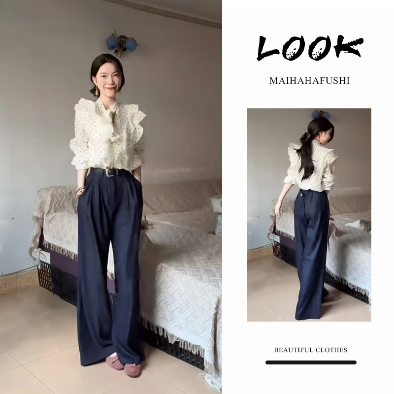 夏季时尚一整套女2025新款气质设计感荷叶边波点衬衫阔腿裤两件套