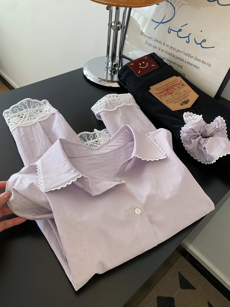 开春小众穿搭法式紫色蕾丝拼接长袖衬衫气质女士上衣设计感25年春