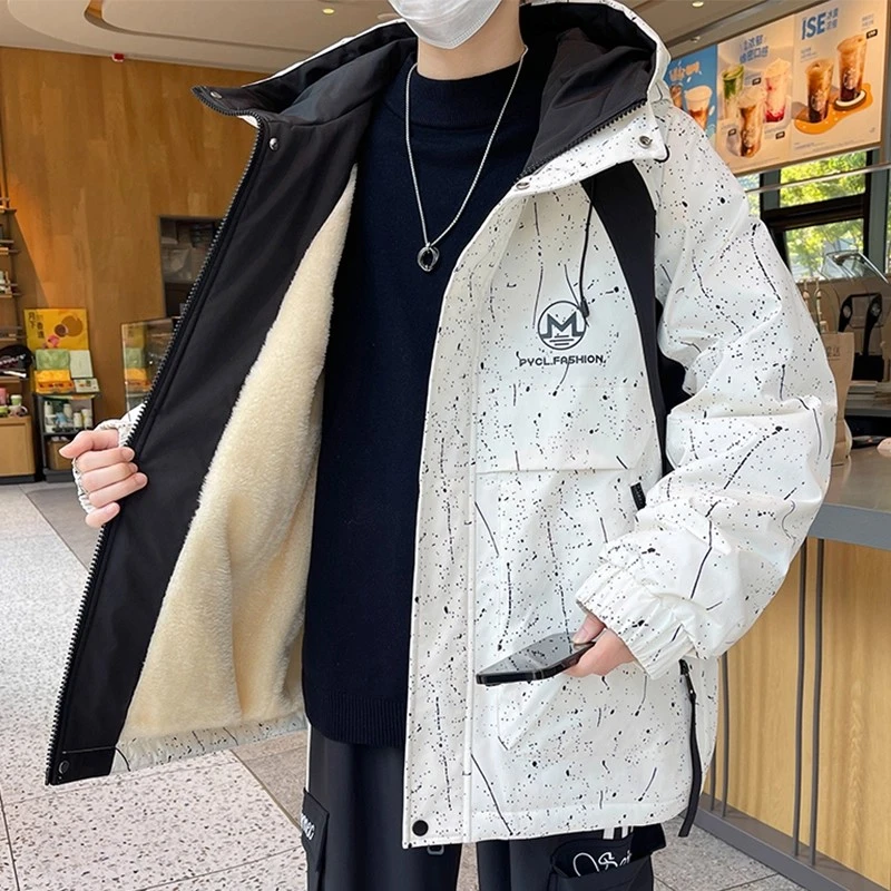 满天星外套男秋冬季2025新款潮牌加绒加厚连帽夹克青少年保暖棉衣