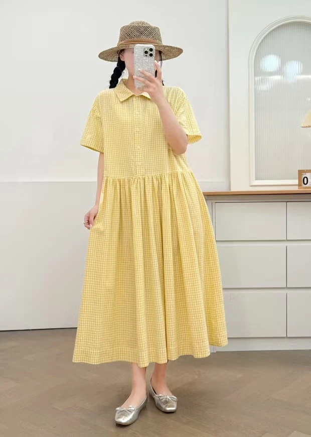 2025夏季新款长裙洋气短袖显瘦格子韩版连衣裙度假风女款连衣裙
