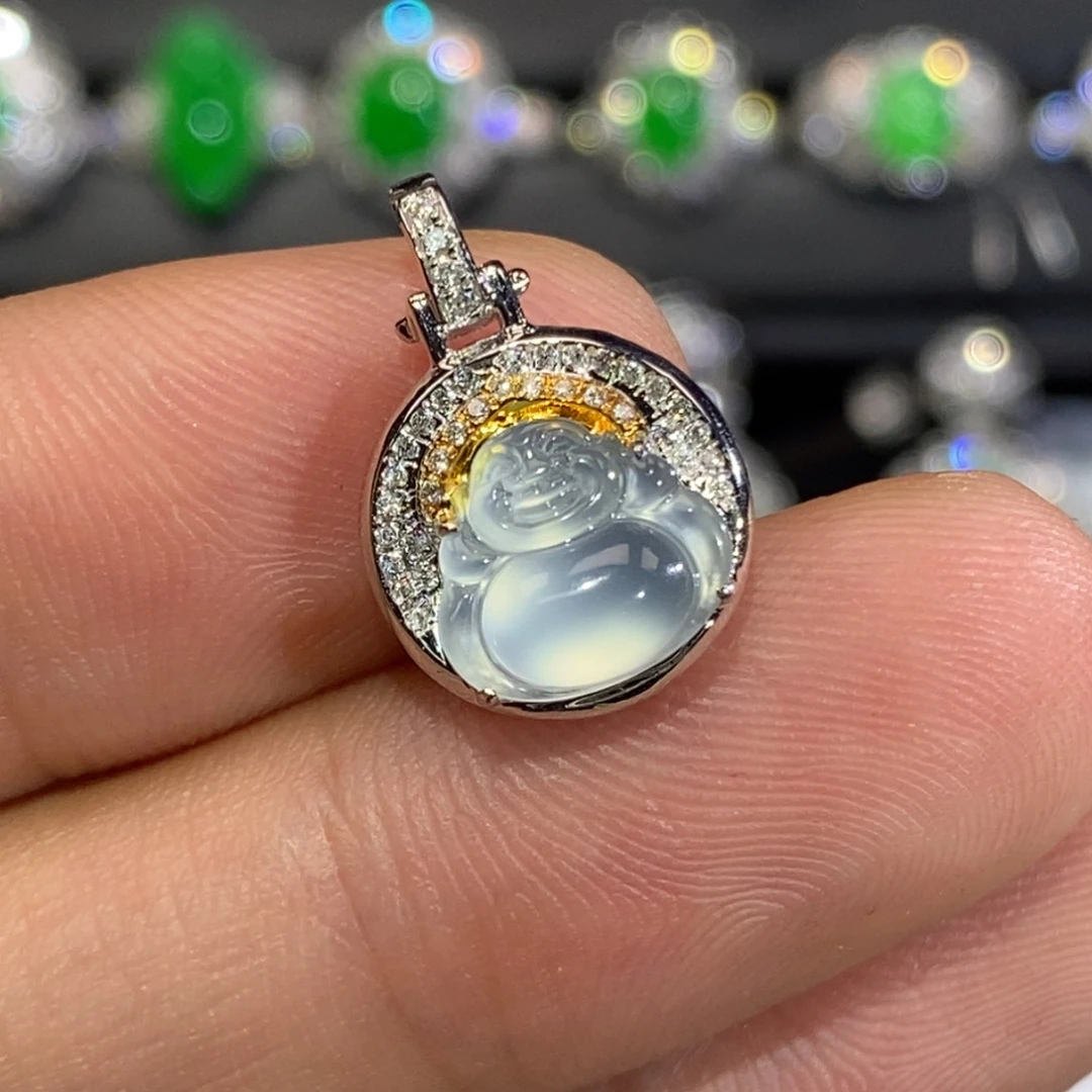 吊坠(不含链)18K金镶嵌翡翠玻璃种佛公提溜