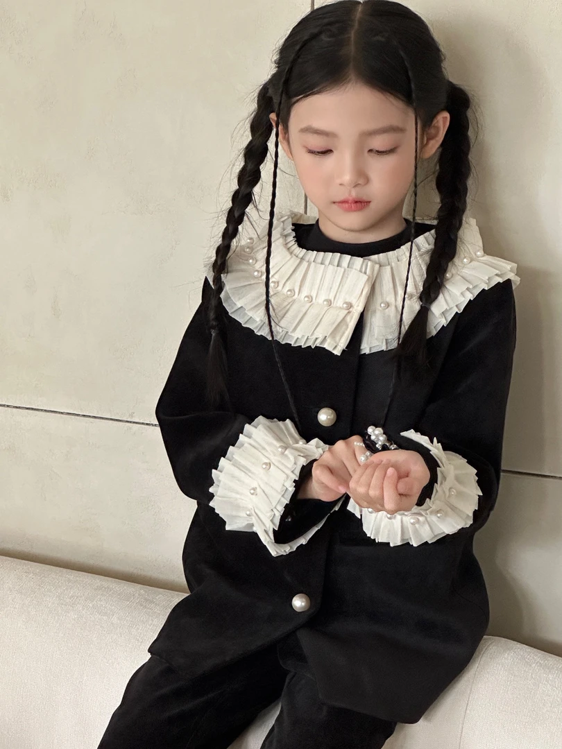 D家正版童装女童洋气小香风套装秋冬新款儿童黑色花边外套裤子
