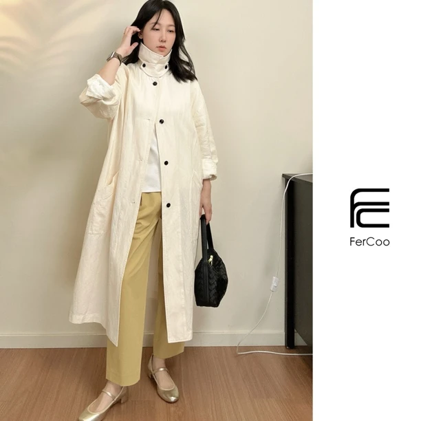 FERCOO“老钱基调”法式时尚街头个性定制棉麻单层中长女式风衣