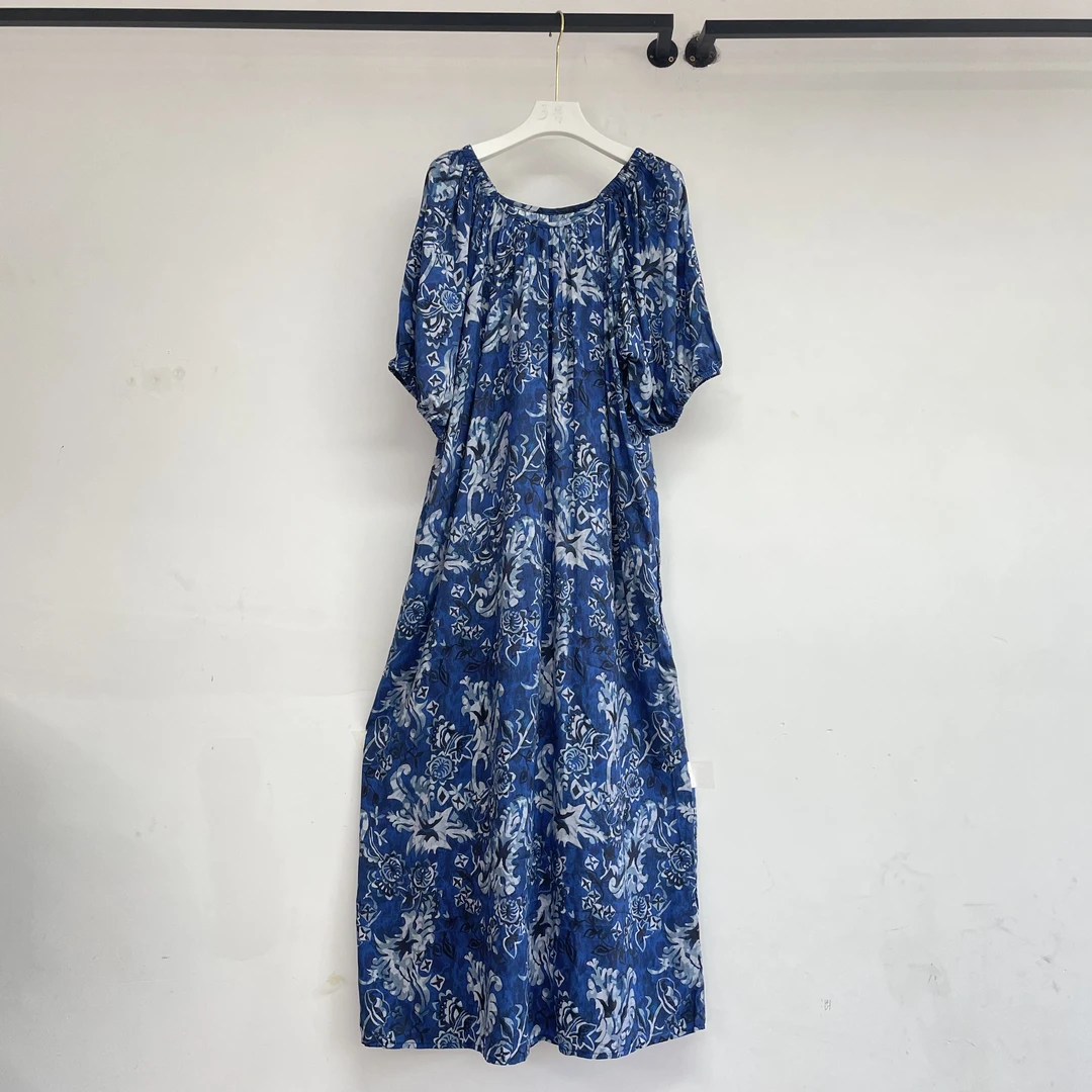 【方领一字肩连衣裙】棉绸度假风显瘦宽松碎花长款透气夏季人造棉裙